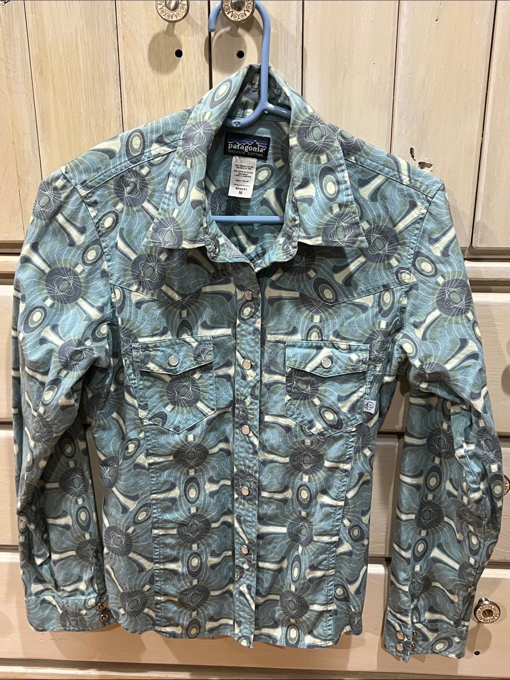 Patagonia Women's Blue Teal Circular Print Button-Down Shirt